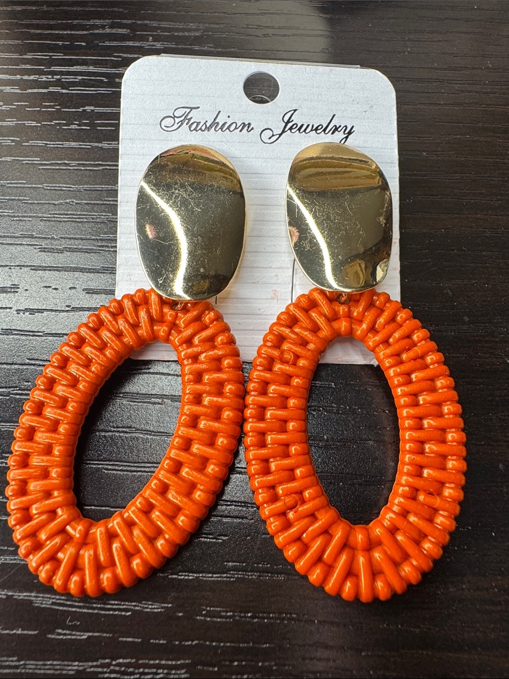 Fashion Jewelry Bright Orange Beaded Oval Drop Earrings with Gold Tone Studs
